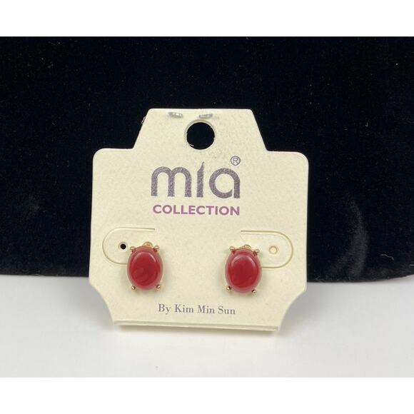Mia Collection Goldtone Necklace and Earrings Jewelry Set Burgundy Pendant 9 in - Picture 10 of 11